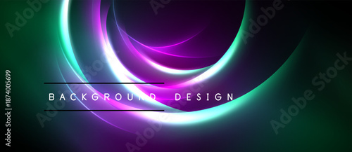 Abstract neon swirls, vibrant colors blend into dark background. Text reads background design centered below curves. Modern, dynamic visual.