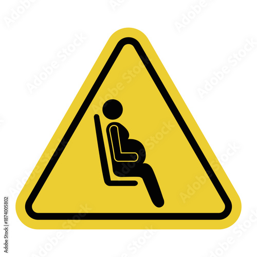 A pregnant woman in a seated position. Special attention and care for pregnant women. A designated area for pregnant women. A yellow warning road sign. Priority for pregnant women.