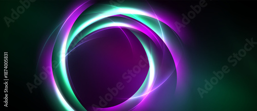 Abstract design features vibrant concentric circles. Purple, green, white hues create dynamic visual effect. Dark background emphasizes luminosity.