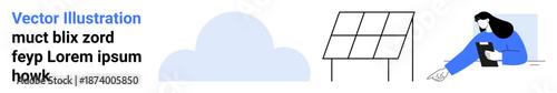 Renewable energy, solar power systems, green energy solutions, technology adoption, sustainable living, eco-friendly alternatives. Minimalist solar panels and individual with clipboard. Renewable