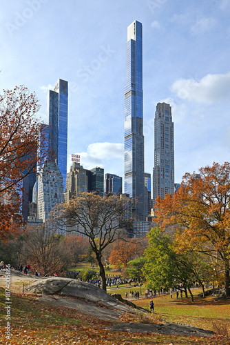 Manhattan skyscrapers from Central Park in late fall. NYC