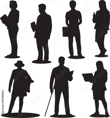 Silhouettes of people in various poses and occupations