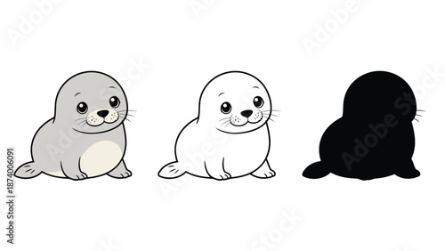 Three cartoon seals in different colors on a white background