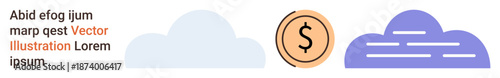 Finance, technology, cloud computing, digital storage, data transfer, economic growth. Minimalistic icons including clouds and dollar coin symbol. Finance and technology visual concept
