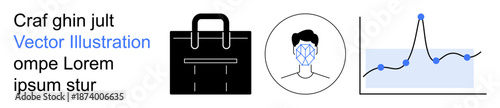 Business security, data analysis, identity management, facial recognition, smart technology, modern systems. A bag icon, face scan and data chart. Business security and data analysis concept