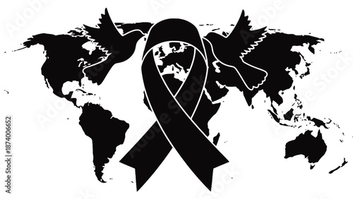 A black awareness ribbon superimposed over a world map with doves
