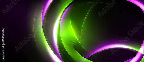 Abstract design features curved lines, vibrant purple, green hues. Dark background emphasizes glowing shapes, creating dynamic visual effect.