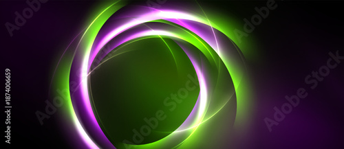Bright concentric circles glow against dark background. Vivid purple, green hues create dynamic visual effect. Modern design element.