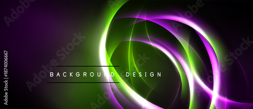 Abstract neon swirls, vibrant purple, green hues. Dark background emphasizes glowing circular design elements. Modern, dynamic visual.