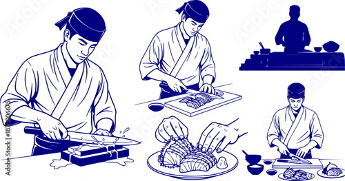 Sushi Chef Preparing Sashimi Silhouette Knife Japanese Sushi Master Culinary Itamae Chef Black Vector Isolated White Background Professional Expertise Japanese Cuisine Artisan