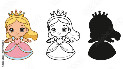 A colorful illustration of a princess in different artistic styles and formats.