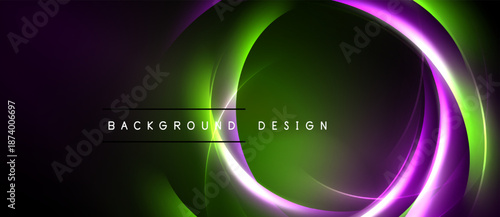 Abstract neon circles, purple, green hues. Dynamic light effects create modern background design. Smooth gradients, elegant composition.