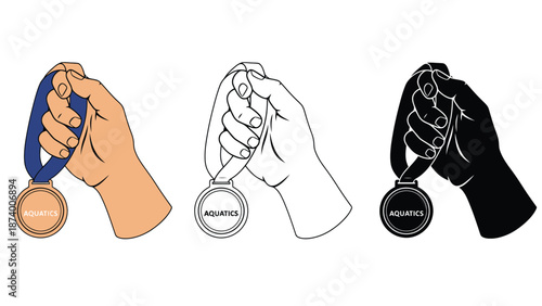 A hand holding a medal in three different color variations and styles.