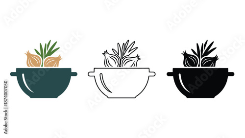 A set of three bowls with herbs and onions in different colors and styles