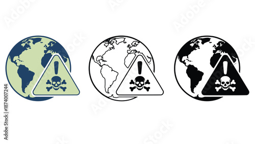 A graphic illustration of warning signs on the Earth globe with skull and crossbones