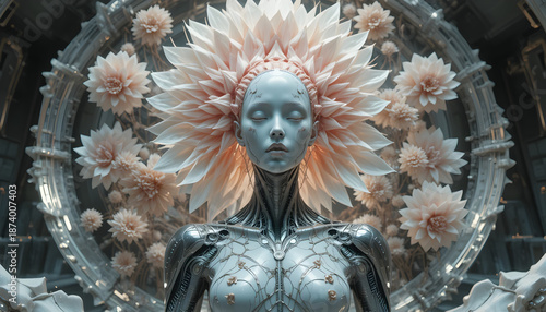 Cyborg woman with flower-like robotic headpiece in futuristic setting
