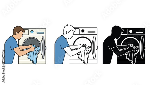 A man in different stages of laundry process with washing machine
