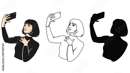 A group of women taking selfies with their smartphones in different styles