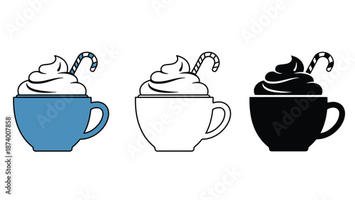 Coffee cup icons with whipped cream and candy canes in different colors
