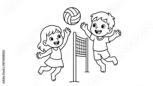 Two happy children playing volleyball together in a fun game