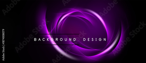 Abstract purple swirls dominate black background. Text reads background design. Elegant, modern aesthetic. Simple yet striking visual.