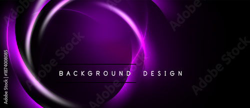 Dark purple background features glowing circular shapes. Text reads background design centered within composition. Modern, abstract visual.