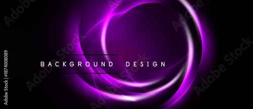 Abstract purple neon lines form circular shapes over black background. Text reads background design. Modern, vibrant visual element.