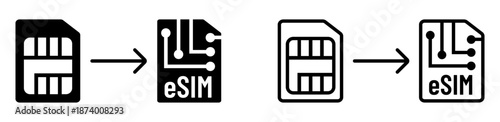 Physical sim card transition to embedded smartphone technology. Move to e-sim vector illustration. Set of icons