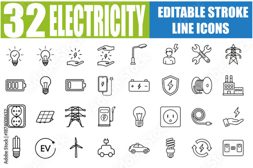 Electricity Icon Set - Voltage, Battery Symbol, Renewable Energy, Green Technology, Power, Solar, Wind, Energy, Electric, Plug, Socket, Current, Circuit and More - Editable Stroke Vector Illustration 