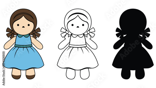 A colorful illustration of three cartoon girls in different stages of design