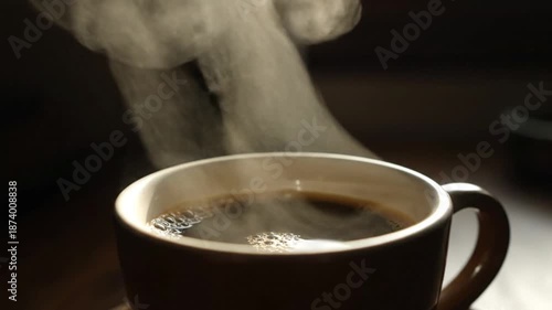 Steaming Coffee Cup in Moody Atmosphere with Warm Lighting on Dark Wooden Table for Beverage Advertising