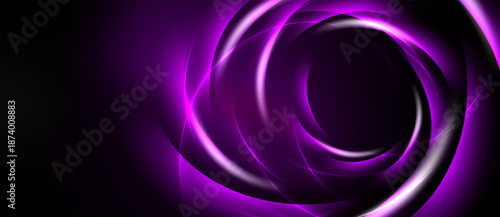 Abstract purple swirls create dynamic vortex. Dark background emphasizes glowing, circular design. Modern, elegant visual.