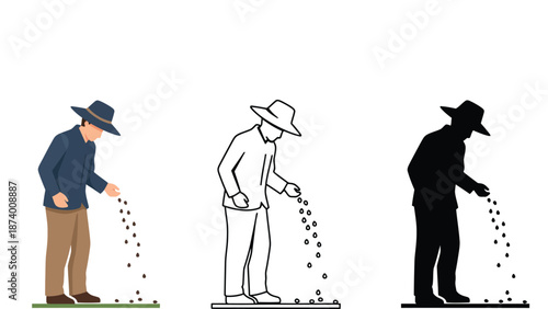 Farmer seeding illustration with colorful and silhouette versions side by side
