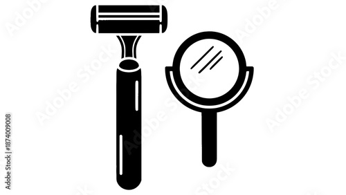 A simple black and white illustration of a razor and a magnifying glass