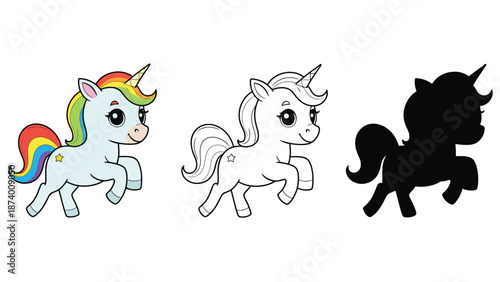 A colorful illustration of three unicorns in different stages of completion