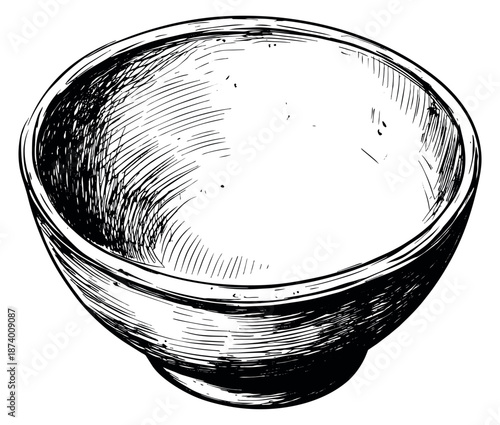 Hand drawn line art illustration of a bowl depicting an empty kitchen utensil for culinary or tableware design