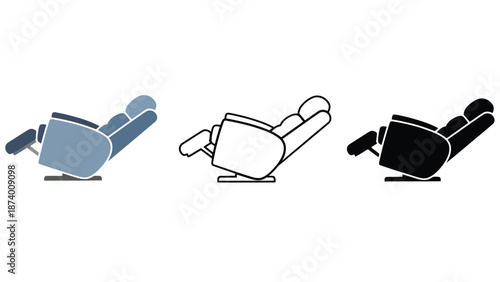 A set of reclining chairs in different colors and line styles on a white background