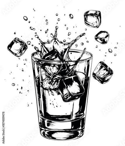 Hand drawn line art illustration of a glass of water with ice cubes depicting a splash for refreshing beverages