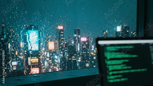 Cityscape at Night with Neon Lights and Coding on Laptop Screen in Dark Moody Atmosphere with Blue Hue for Technology Advertising
