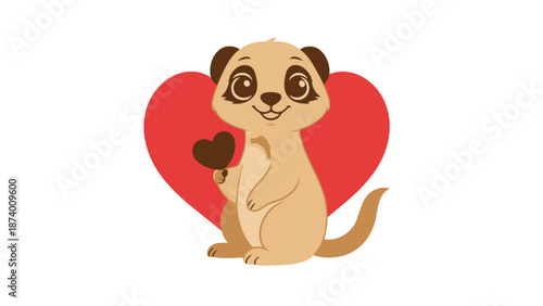 A cute cartoon meerkat holding a heart in front of a red heart