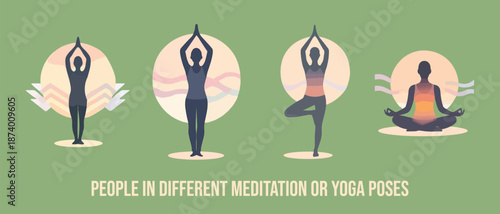 4 Stylized figures meditating or practicing yoga, with various poses image