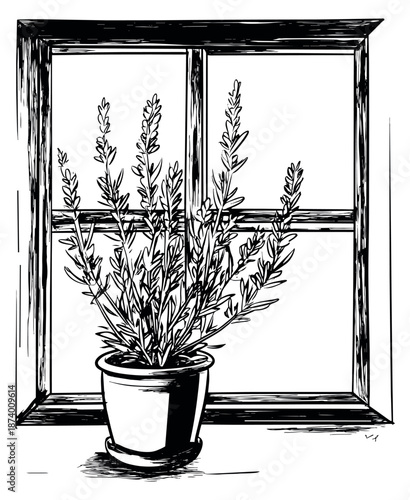 Hand drawn line art illustration of a potted lavender plant depicting it resting on a windowsill for botanical designs