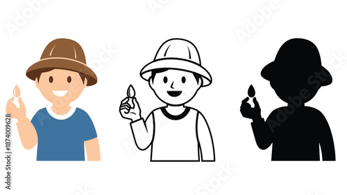 A cartoon boy in different colors and styles holding a green leaf