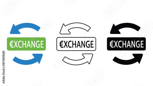 A graphic illustration of currency exchange logos in different colors and styles