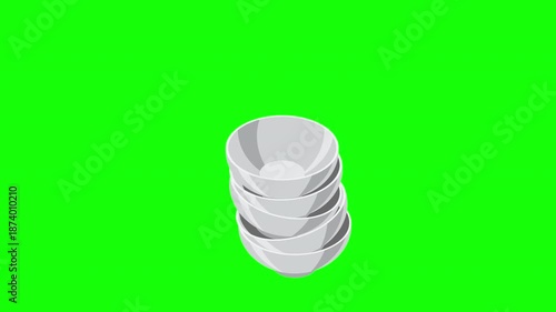 Isometric bowls animation. Empty bowls. Isometric cutlery. Isometric tableware. 4K video animated in isometric style