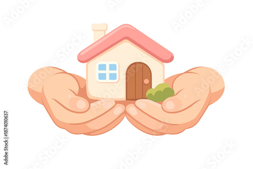 Hands holding a glowing cartoon house