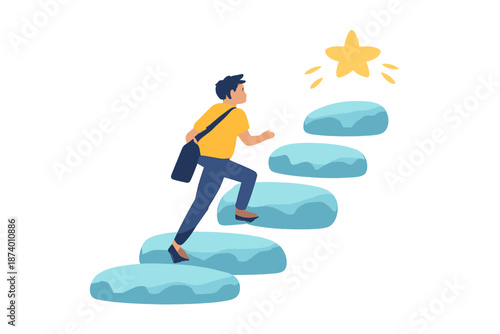 Person climbing stairs towards a shining star representing success