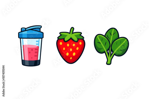 Smoothie ingredients: shaker bottle, strawberry, and spinach