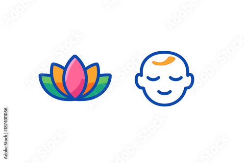 Lotus flower and meditating child icons with neon glow