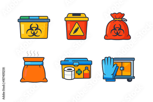 Set of icons representing medical waste and safety equipment